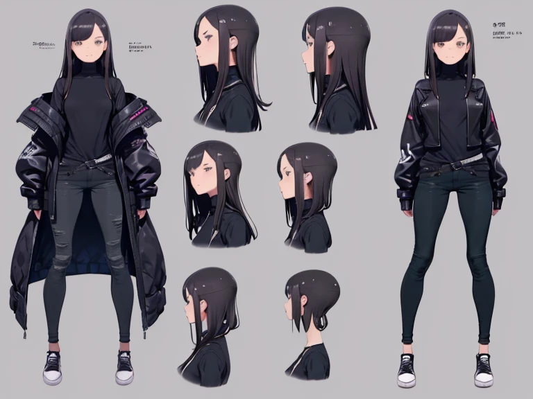 Highest quality, Detailed face, Character Sheet,(((young woman:1.5))), ((whole body:1.2)), Full of details, multiple postures and expressions, Very detailed, depth, 1 young woman, No bangs, (Long black hair, Grey sexy eyes, Straight hair, Black t-shirt and...