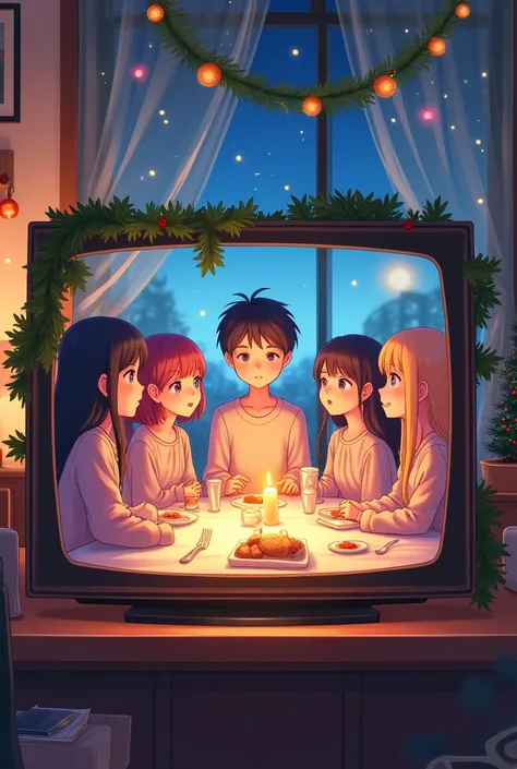 Create an image of 1 17 year old boy and 5 1 girls sitting around a long table talking with Christmas decorations, that they are like anime characters, with them behind a television screen 