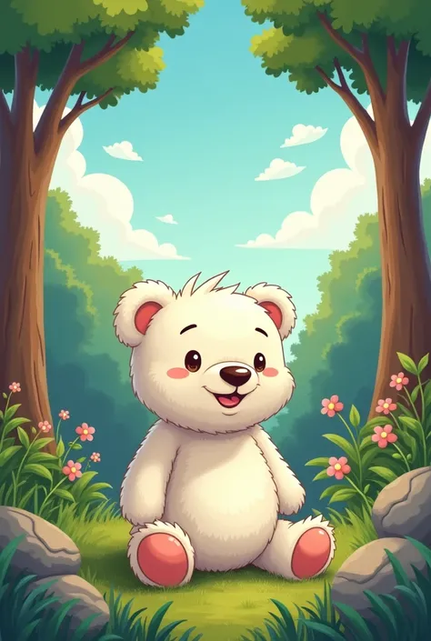 A cartoon-style white furry teddy bear in a forest looking at the clouds