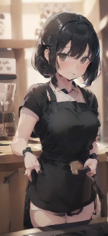 (must be follow these prompts:3.2),masterpiece,best quality,extremely detailed,(A cute Japanese female coffee shop attendant wearing a black apron as her trademark:2.6),(Black hair bob hairstyle:2.3),(The female clerk in the black apron is cute and has a k...