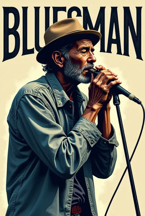 a vector image of a classic bluesman, playing a harmonica, with outlined text saying BLUESMAN