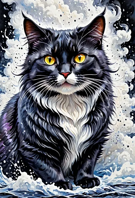 colorful beautiful cat,: black ink flow: 8k resolution photorealistic masterpiece:, elaborately detailed liquid gouache painting...