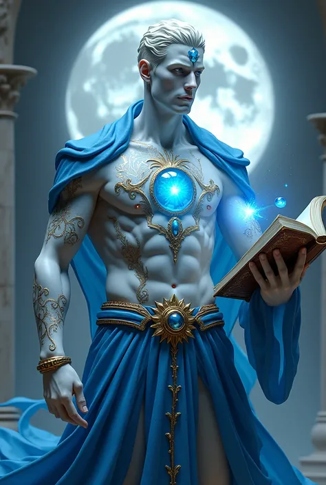 handsome sexy man created from white stone, Your skin and body is made of white alabaster your eyes are blue, in the middle of his chest he has a round-shaped gem that glows blue, and in the middle of his forehead he has a diamond that shines blue he wears...