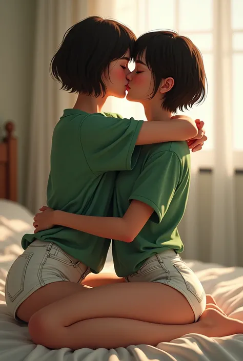 Two young white women with short black hair kiss on a bed, both wearing green shirts and white short shorts