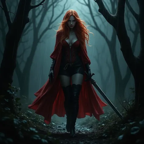 sexy redhead little red riding hood walking in the forest at night with a sword on a stormy night