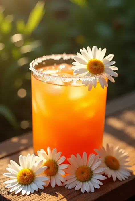 An orange margarita cocktail in a glass, the glass features this cocktail surrounded by many daisy flowers on the sides, all on a wooden table.