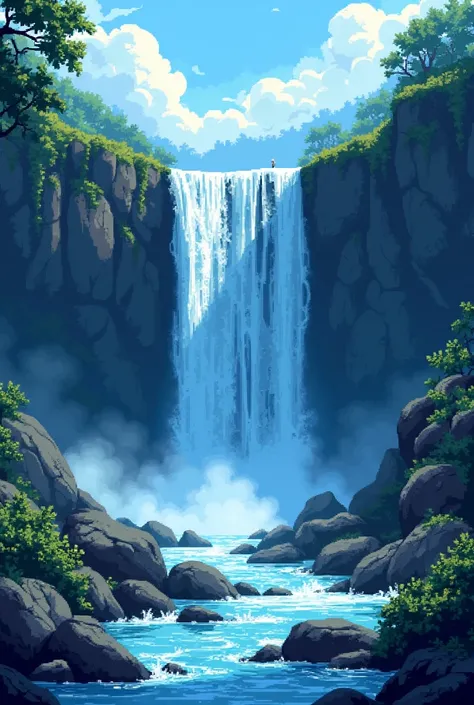 Landscape with rocks and a waterfall in blue. (Pixel art game)