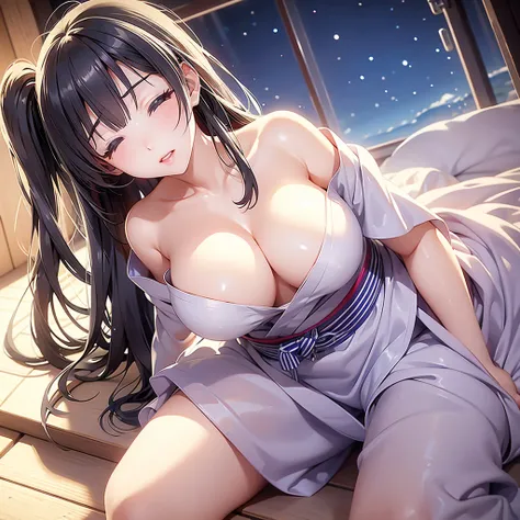 Open yukata、Big Tits、Big Breasts、Erotic、sexy、Inn at night、Late Night、futon、Droopy eyes, Heavy breathing, Moaning, Sweaty、Disheveled Hair、futonに寝ている、futonが濡れている、Long Hair, Wet Hair, Masturbation、sexual behavior、Mouth wide open、Eyes closed