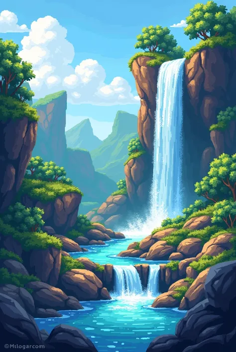 Landscape with rocks and a waterfall in blue. (Pixel art game) (Lateral image)