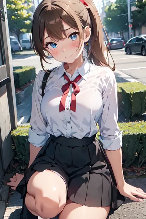 (Highest quality)), ((masterpiece)), (detailed), Natural light，Perfect Anatomy，(((Cute high school girl，Wearing a white open-collar shirt and a black skirt 1.8))),Very sexy，A young woman with a baby face，Small breasts，とてもSmall breasts，Woman squatting with ...