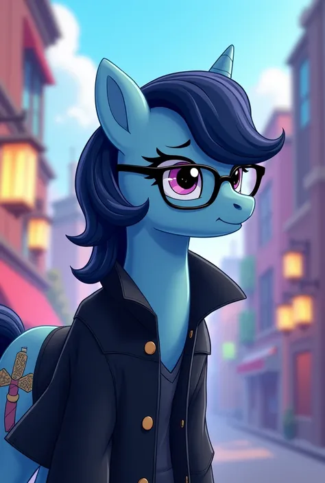 A pony with the drawing style of my little pony (in 2d animation),light blue,slightly long black hair and black glasses too, black jacket and cutie mark from video games and macho