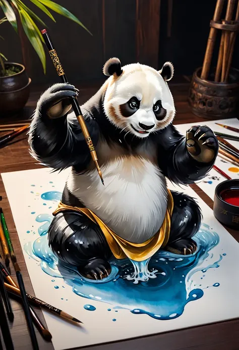 kung fu panda: Black ink flow: 8k resolution Photorealistic masterpiece:, elaborately detailed liquid gouache painting: calligraphy: Acryl: watercolor art, professional photography, natural lighting, Volumenflash, maximalist photo illustration: Concept art...