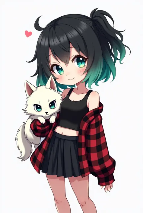 in anime style, cool chibi woman with black-green gradient hair and black red check shirt black tank top and skirt , with a small white wolf with blue eyes on his arm with white background