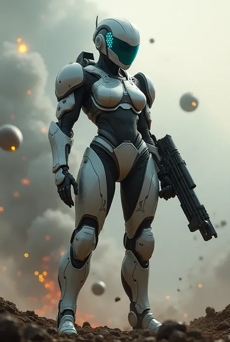 "A futuristic soldier in armor, sexy, beautiful body, super muscular, super feminine body, super giant breasts, amazing hips, super beautiful and sexy figure, Sleek black combat armor with reinforced exoskeleton plates. The armor includes a high-tech helme...