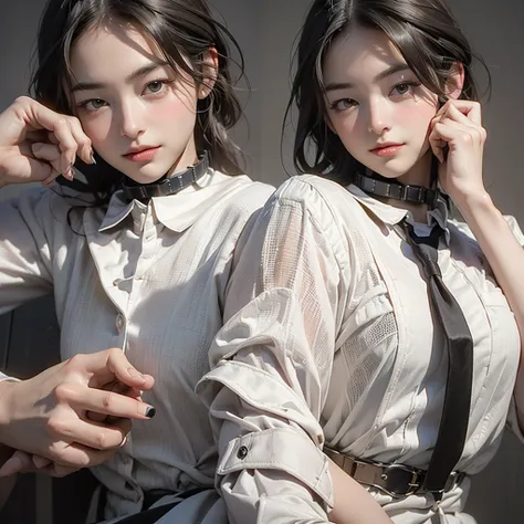 Full body portrait, Two Girls, Face to face, Cortex Color, (Adjust the collar by hand:2.5), Beautiful clavicle, Long neck, (美しいAttention to detail目), Maid Decoration, (美しいAttention to detail目), Warm tones, Rational Expression of Behavior, Chiaroscuro, Moti...