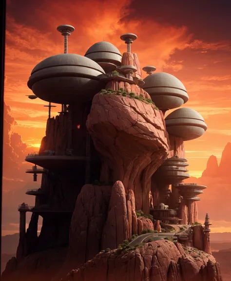 Integration of imposing rock with futuristic buildings, dome-shaped structures, rocky cliff, shades of red and brown, sci-fi city, vibrant orange and pink sunset, scattered bright lights, multi-level architecture, industrial elements, Minimum vegetation, p...