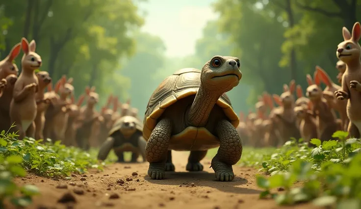 6
"i7. The Tortoise Wins
Prompt: "The tortoise crosses the finish line with a slow but triumphant expression, while the rabbit, still running, is too late. The forest animals are celebrating, lifting the tortoise up, while the rabbit looks shocked and disa...