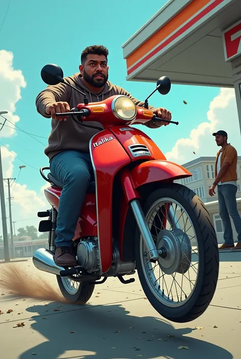 Create a photo of a dark, chubby, average-sized guy on a red Italika 150 motorcycle being hit by a car in a convenience store parking lot and seen being thrown into the air