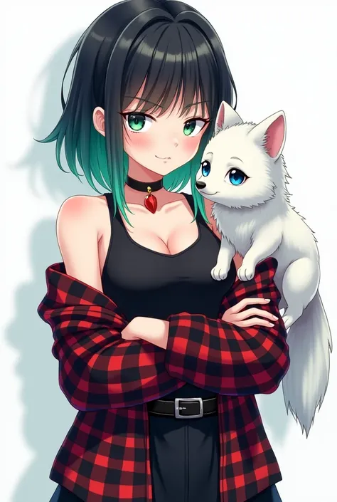 real  Anime-Stil, cool chibi woman with black-green gradient hair and black red check shirt black tank top and skirt , with a small white wolf with blue eyes on his arm with white background