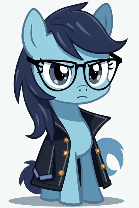 A male pony with the drawing style of my little pony (in 2d animation),light blue,slightly long black hair and black glasses too, black jacket and video game cutie mark. Without eyelashes and dark eyes too and serious expression.