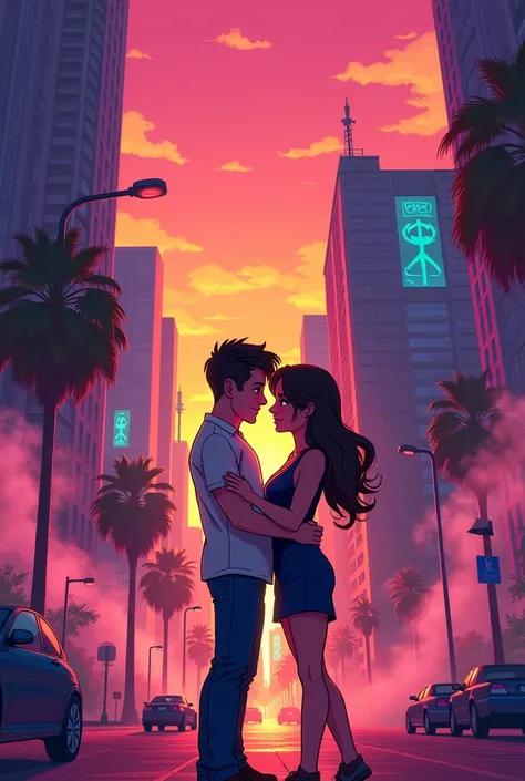 I want a trap music cover, I want a late afternoon scene and a couple saying goodbye, cartoon-like