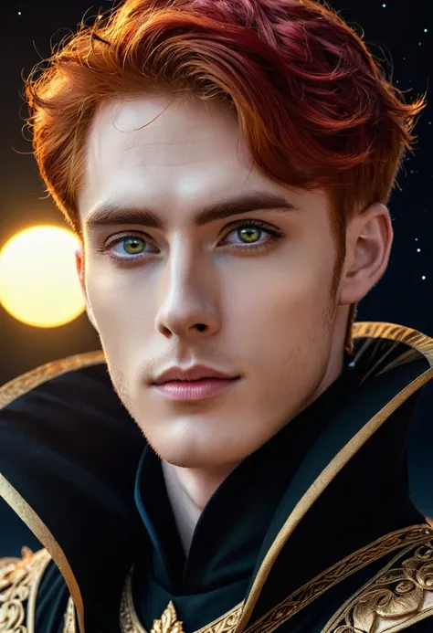 Handsome guy, Red hair, eyes with black sclera, golden irises, black royal clothes, crescent-shaped leaf, night sky, 8k resolution