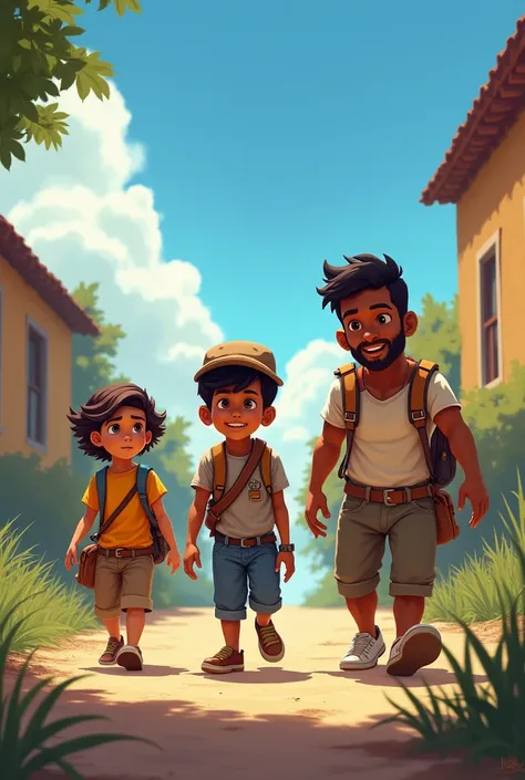 Create a cover for a game with 3 protagonists, one small, white, another tall, dark-skinned, and another chubby, white boy, at the Cavanis school in Bolivia, and the title is Emilio Adventures, which should be realistic, not cartoons. 