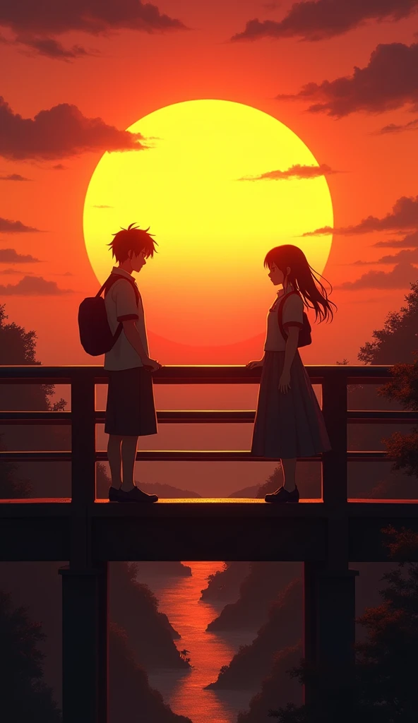 Backlight, male and female high school students staring at each other, on a pedestrian bridge, dusk, big sun setting, beautiful sunset, Japan high school summer uniform, (silhouette style)