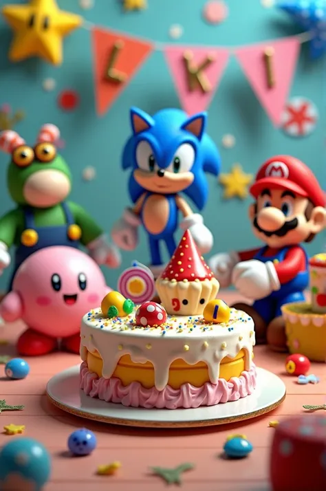 Cake decoration design, party favors and piñata for a boy&#39;s birthday party with a video game theme where the characters Kirby Sonic and Mario Bros. appear