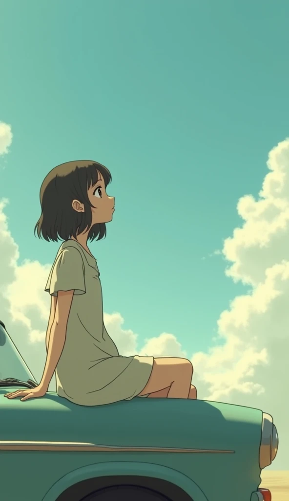 Create an image of a girl on the hood looking up as if she were talking to God, studio style photo GHIBLI 