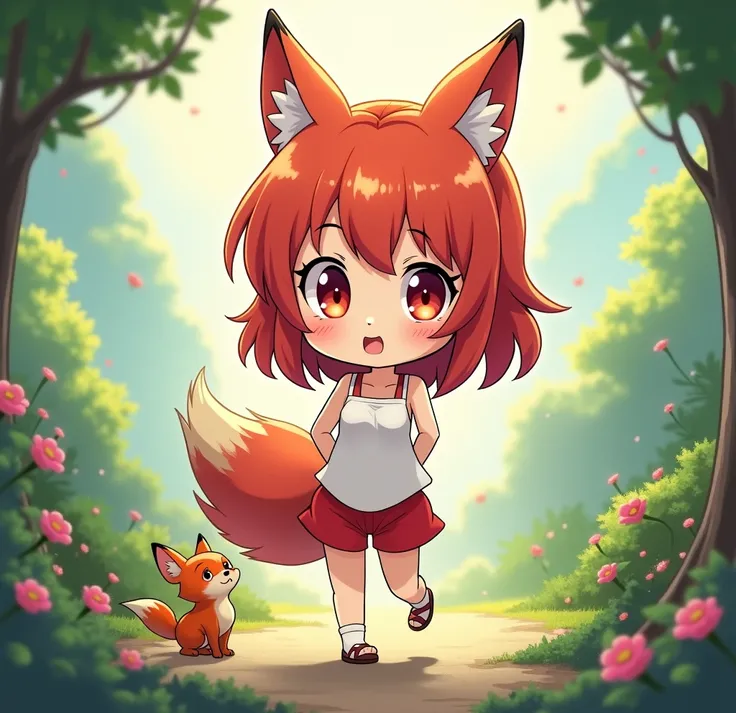 in anime style, chibi woman, with medium length red hair and fox ears , with a little fox on the side , With shorts and a tank top