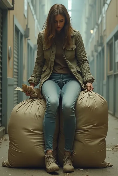 a woman with sandbags tied to her legs symbolizing swollen legs and fatigue, These sand bags have to be very large, bigger than the woman&#39;s upper limbs.