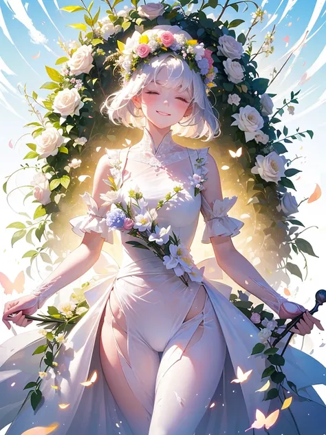 (masterpiece、Highest quality、Highest quality、Beautiful and beautiful:1.2)、(Excellent anatomy:1.5)、Milky white straight hair girl、Butterfly Fairy、Floral costume、A radiant smile、I bow my head and close my eyes and pray、Flowers and leaves on head、Holding a bo...