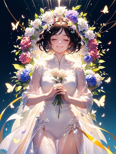 (masterpiece、Highest quality、Highest quality、Beautiful and beautiful:1.2)、(Excellent anatomy:1.5)、Milky white straight hair girl、Butterfly Fairy、Floral costume、A radiant smile、I bow my head and close my eyes and pray、Flowers and leaves on head、Holding a bo...