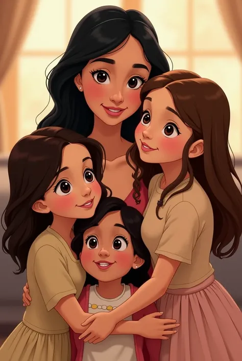 A mother 5, brown eyes, long black hair in a beushing surrounded by her 3 daughters.
The 1st one 3 with straight long light brown hair and brown eyes.
The 2nd 30 years old with light brown curly hair that goes under hee shoulders and hazelnut eyes.
The 3rd...