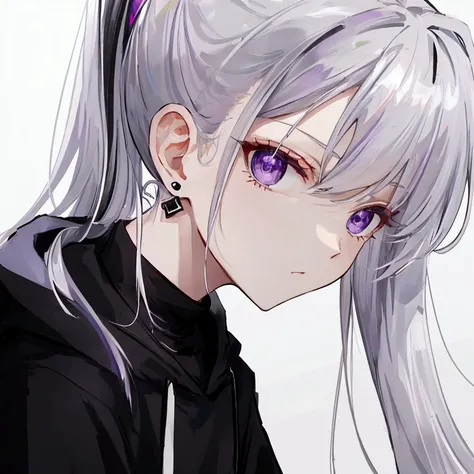 Silver Hair,ponytail,Black Shirt,White hoodie,alone,From the side,Purple Eyes,Small red spade earrings,Black hair fastening