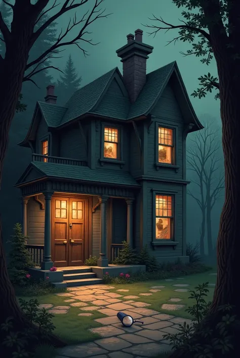 him: An old house with the look of a library or a room with an air of mystery. You can include elements such as a magnifying glass, an old key, or a shadow that suggests there is something hidden.
Details: The house could have a slightly dark atmosphere wi...