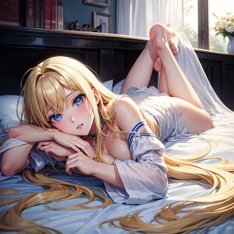 Girl long blonde hair ,blue eyes,sexy,lying in bed ,white sexy dress,big chest