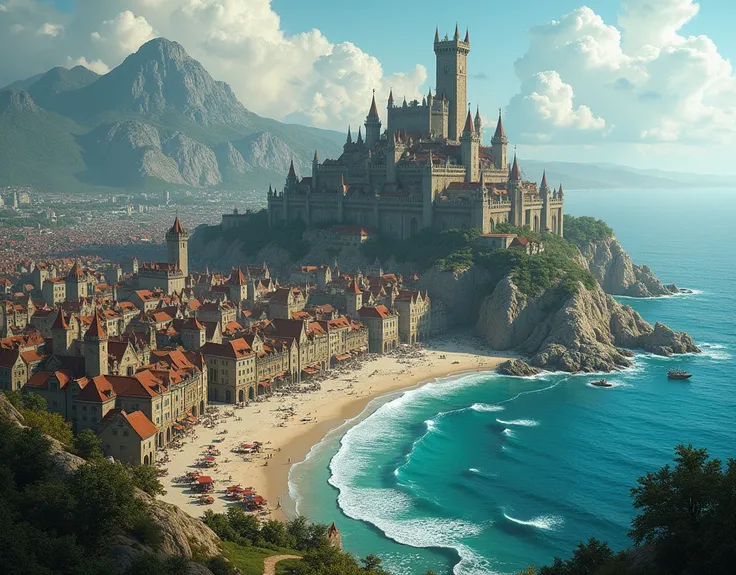 Skyline view of medieval coast town, rpg fantasy, Atlantis style. Very populous, lots of building. Medieval architecture. A million yards. Residential constructions. Tower in the beach. A central market. Without religion symbols.