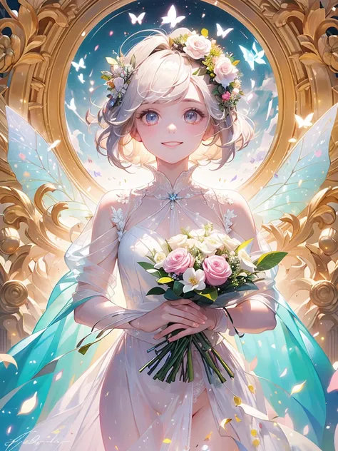 (masterpiece、Highest quality、Highest quality、Beautiful and beautiful:1.2)、(Excellent anatomy:1.5)、Milky white straight hair girl、Butterfly Fairy、Floral Costume、A radiant smile、Sparkling eyes、Looking into the camera、Flowers and leaves on the head、Holding a ...