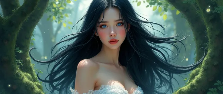 Brush art of a beautiful mythological goddess with European features, Straight jet black hair loose and falling to the floor, bright sapphire blue eyes, porcelain white skin, thick, reddish lips, tender and rosy cheeks, with bright highlighter, It is very ...