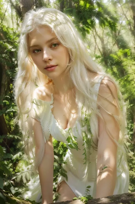 long straight white hair, very short (white) summer see through dress, natural pose, leaning forward slightly, outdoor forest environment, lush green foliage and trees, dappled sunlight creating soft shadows, natural adventurous atmosphere, front view, clo...