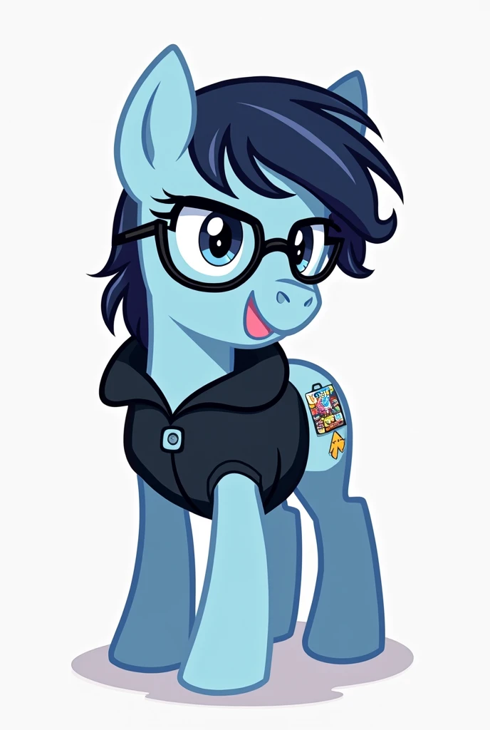 A male pony with the drawing style of my little pony (in 2d animation),light blue,slightly long black hair and black glasses too, black jacket and video game cutie mark. Without eyelashes and dark colored eyes too and a small smile.