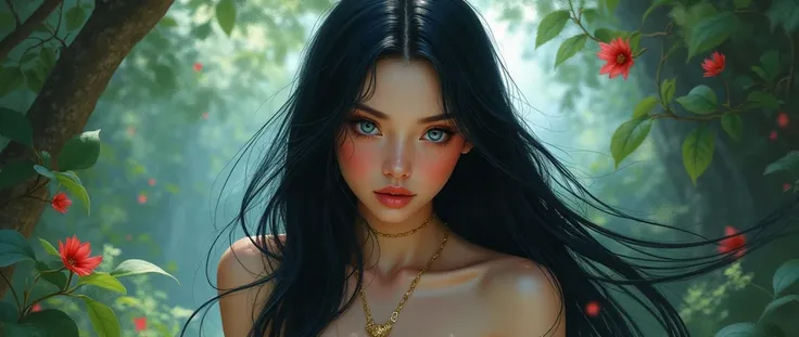 Brush art of a beautiful mythological goddess with European features, Straight jet black hair loose and falling to the floor, bright sapphire blue eyes, porcelain white skin, thick, reddish lips, tender and rosy cheeks, with bright highlighter, It is very ...