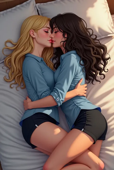 two women, a white girl with straight blonde hair and a black girl with curly black hair, kiss in a bed, both wearing a blue shirt and plain black shorts