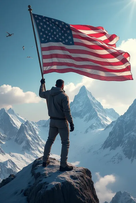  Make a man holding the American flag on a mountain 