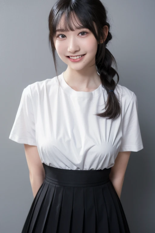 1girl,solo,skirt,smile,shirt,looking at viewer,long hair,twin tail hair style,((extra large breast)),white shirt,bangs,arm behind back,simple background,mole,pleated skirt,black hair,grin,grey skirt,short sleeves,holding,blunt bangs,grey background,teeth,b...