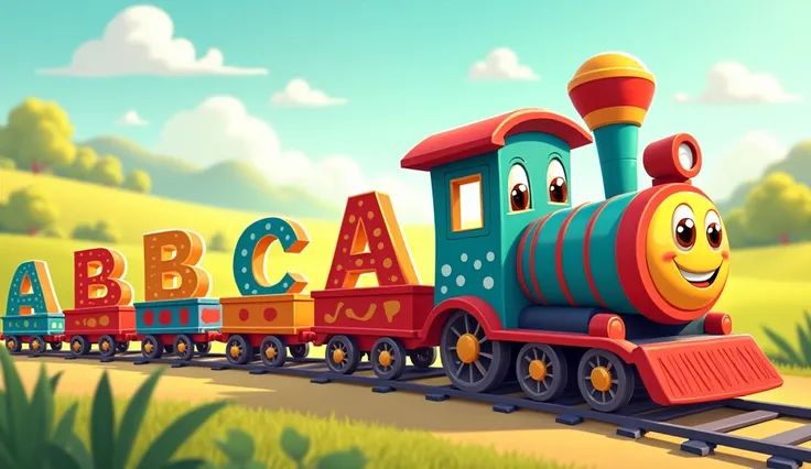 Cartoon train carrying alphabet letters serially A b c 