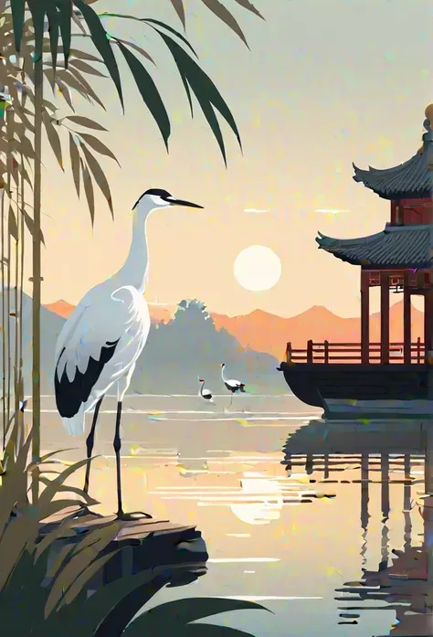 A white elegantly poised Danding Crane stands on the edge of an old Chinese sailing ship. There is a small pavilion on the left with reed leaves in the foreground, and in the background there are tall reeds at the waters edge and the setting sun casting lo...