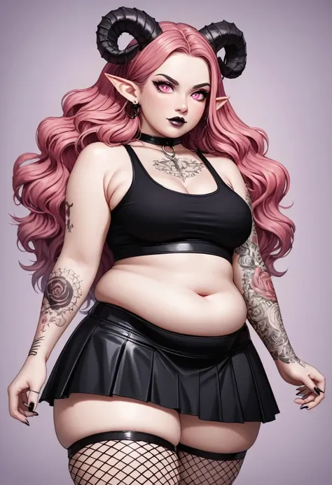 a 2d, handdrawn, gothic succubus anime character, she is slightly chubby and has purple skin and pastel pink eyes, pointed elf e...